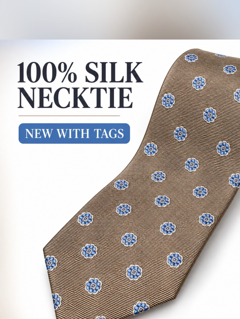 Roundtree & Yorke Brown Silk Tie with Blue Floral Medallions